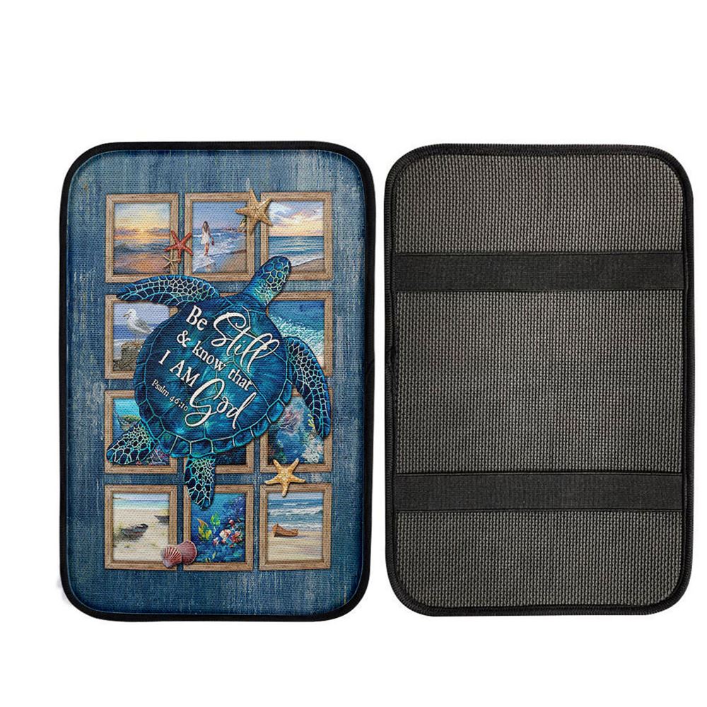 Be Still And Know That I Am God Blue Sea Turtle Starfish Car Center Console Cover, Christian Car Armrest Cover