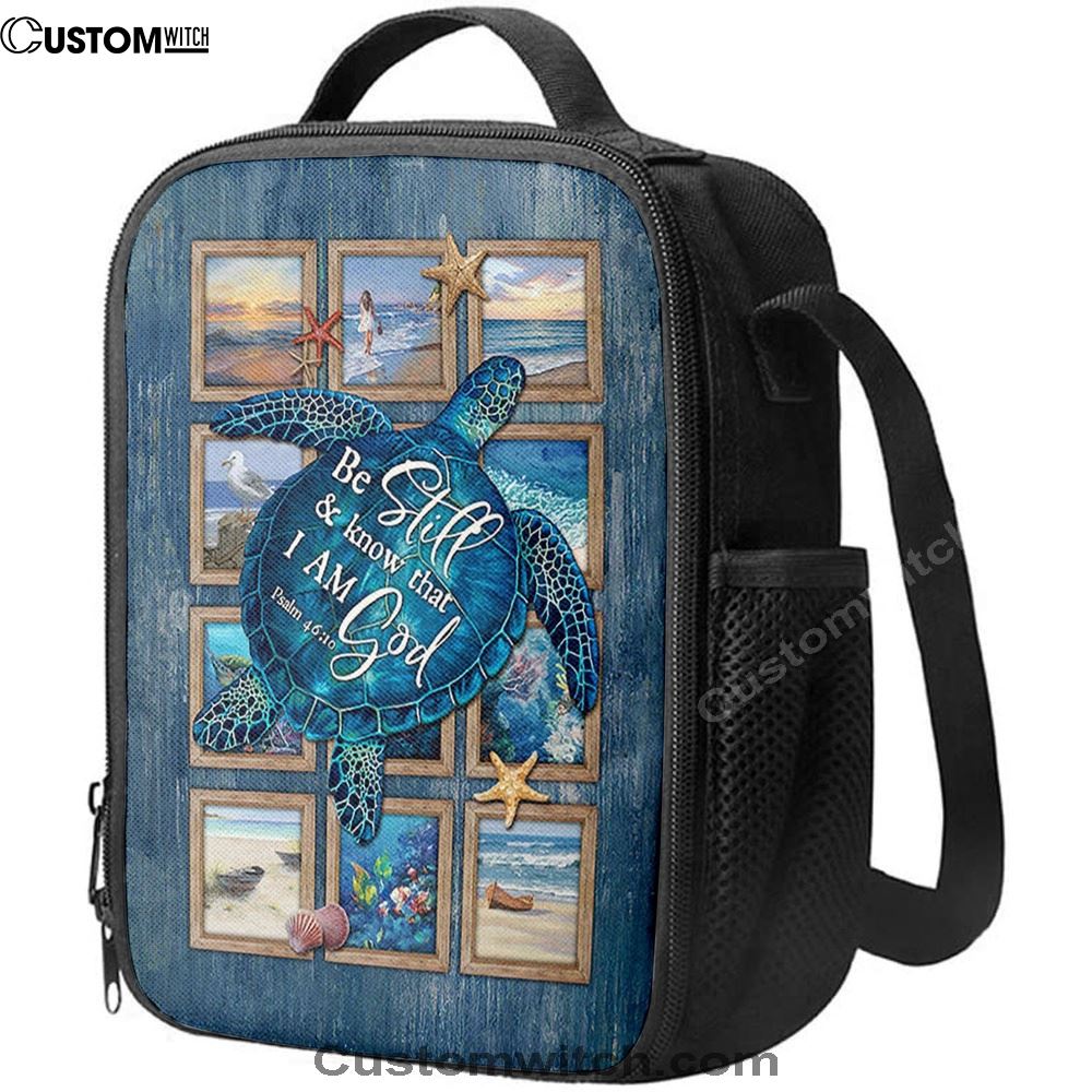 Be Still And Know That I Am God Blue Sea Turtle Starfish Lunch Bag, Christian Lunch Bag For School, Picnic, Religious Lunch Bag