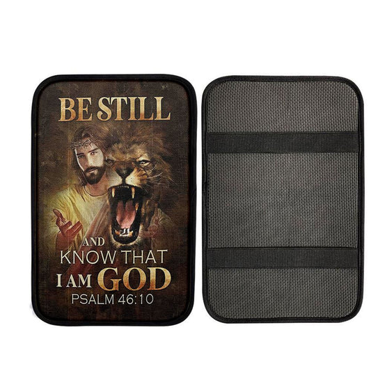 Be Still And Know That I Am God Car Armrest Pad - Angry Lion Of Judah Jesus Car Center Console Cover, Christian Car Armrest Cover
