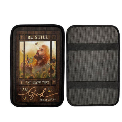 Be Still And Know That I Am God Car Armrest Pad - Jesus Prays In Sunflower Field Christian Car Interior Accessories