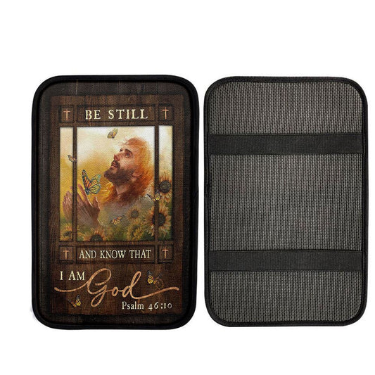 Be Still And Know That I Am God Car Armrest Pad - Jesus Prays In Sunflower Field Christian Car Interior Accessories