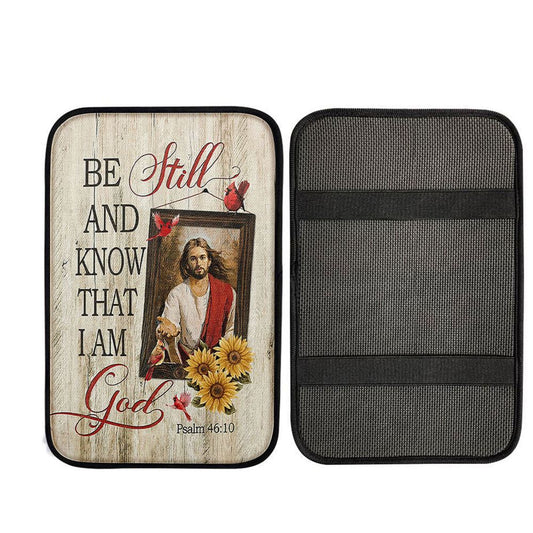 Be Still And Know That I Am God Car Armrest Pad - Jesus Red Cardinal Sunflower Car Armrest Pad, Christian Car Interior Accessories