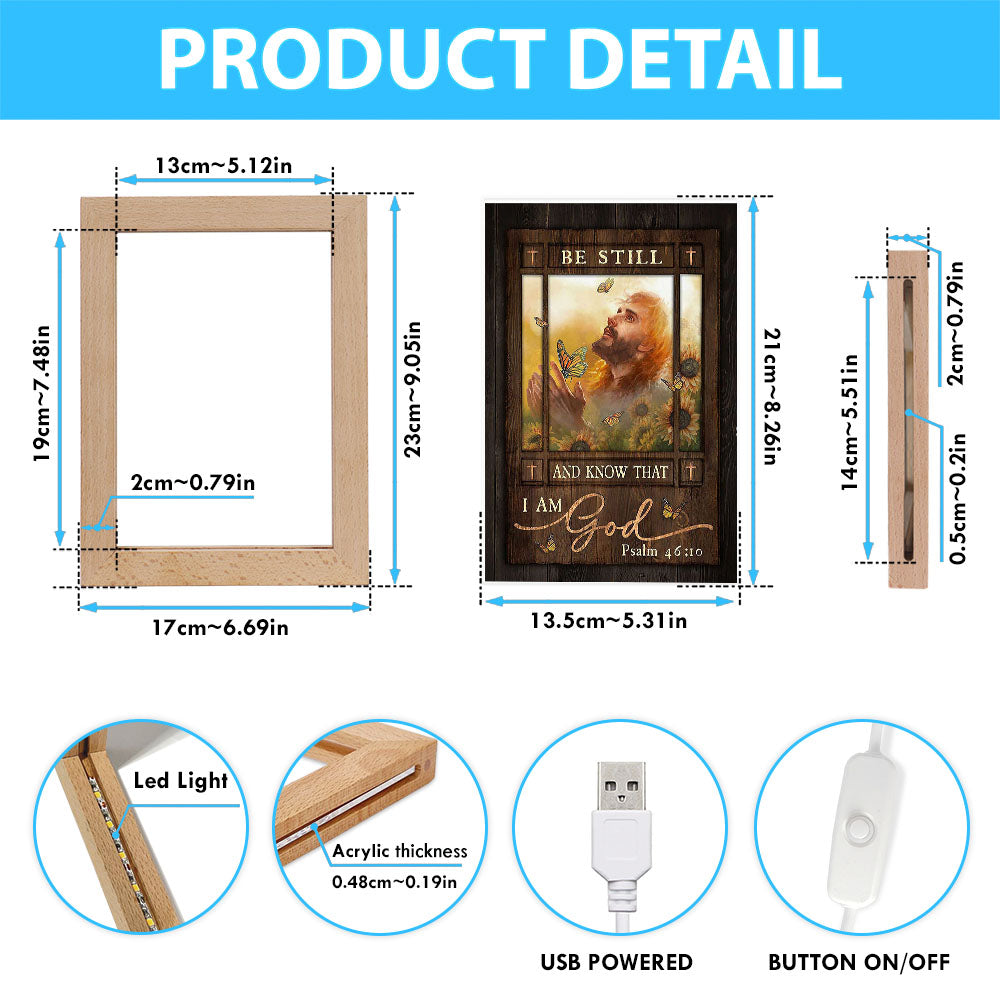 Be Still And Know That I Am God Frame Lamp - Jesus Prays In Sunflower Field Frame Lamp Art - Bible Verse Art - Religious Home Decor