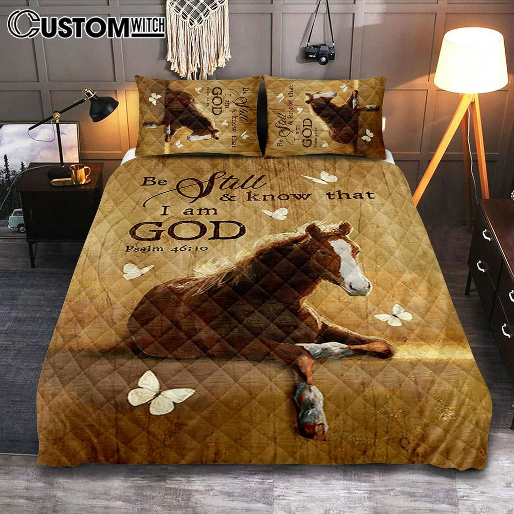 Be Still And Know That I Am God Horse White Butterfly Quilt Bedding Set Bedroom - Bible Verse Quilt Bedding Set Art - Christian Home Decor