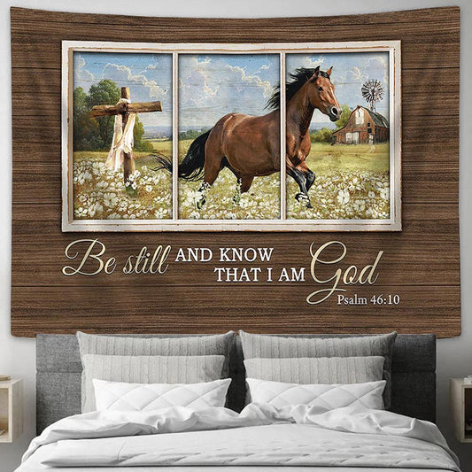 Be Still And Know That I Am God Horse White Flower Field Wall Art Tapestry - Christian Wall Decor - Gifts For Horse Lovers