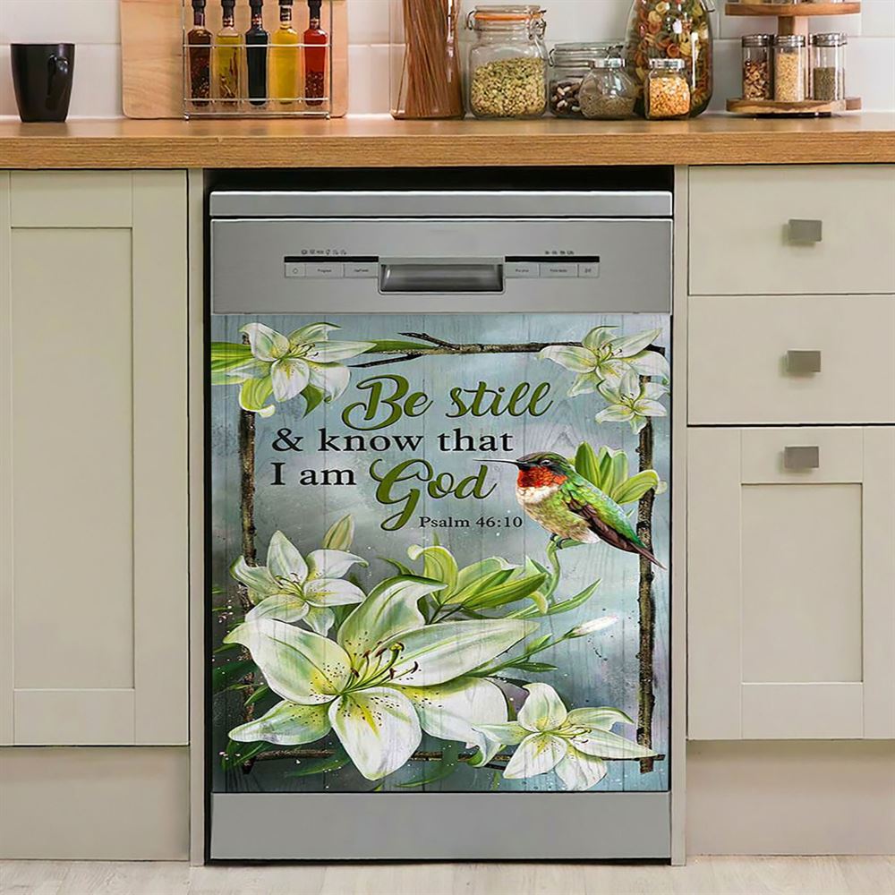 Be Still And Know That I Am God Lily Flower Hummingbird Dishwasher Cover, Bible Verse Dishwasher Magnet Cover, Christian Inspirational Kitchen Decor