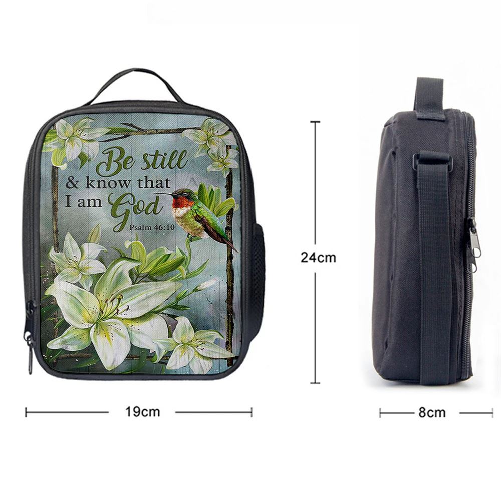 Be Still And Know That I Am God Lily Flower Hummingbird Lunch Bag, Christian Lunch Bag For School, Picnic, Religious Lunch Bag