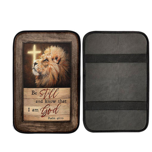 Be Still And Know That I Am God Lion Of Judah Cross Light Car Center Console Cover, Christian Car Armrest Cover
