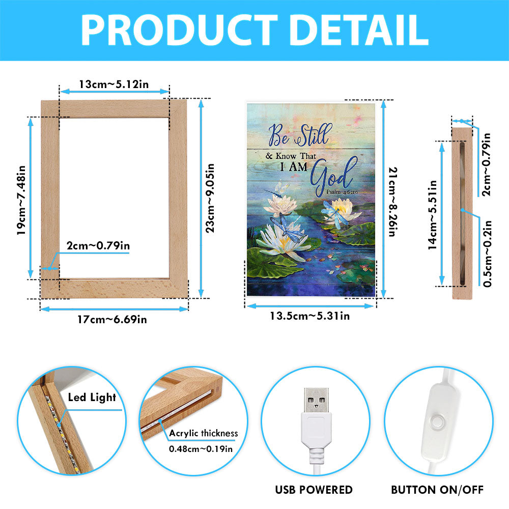 Be Still And Know That I Am God Lotus Dragonfly Frame Lamp Art - Bible Verse Art - Christian Inspirational Decor