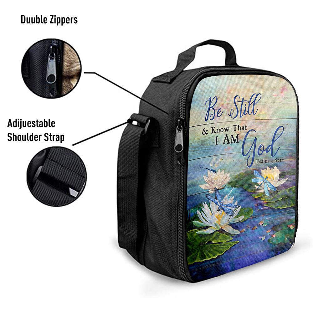 Be Still And Know That I Am God Lotus Dragonfly Lunch Bag, Christian Lunch Bag For School, Picnic, Religious Lunch Bag