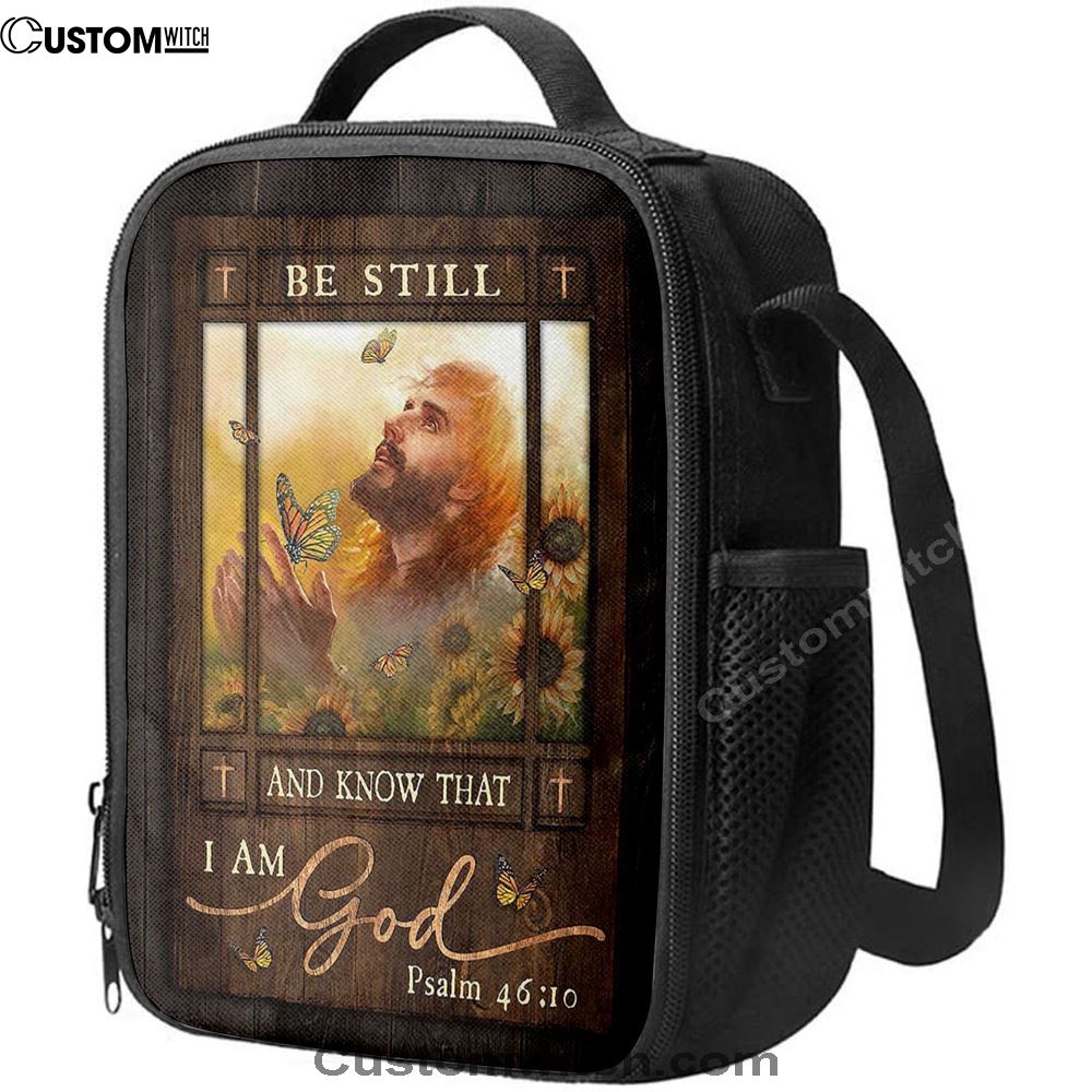 Be Still And Know That I Am God Lunch Bag, Jesus Prays In Sunflower Field Lunch Bag, Christian Lunch Bag For School, Picnic, Religious Lunch Bag