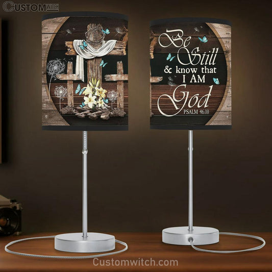 Be Still And Know That I Am God Old Cross Blue Butterfly Lily Large Table Lamb - Christian Lamb Gift - Bible Verse Table Lamb Art