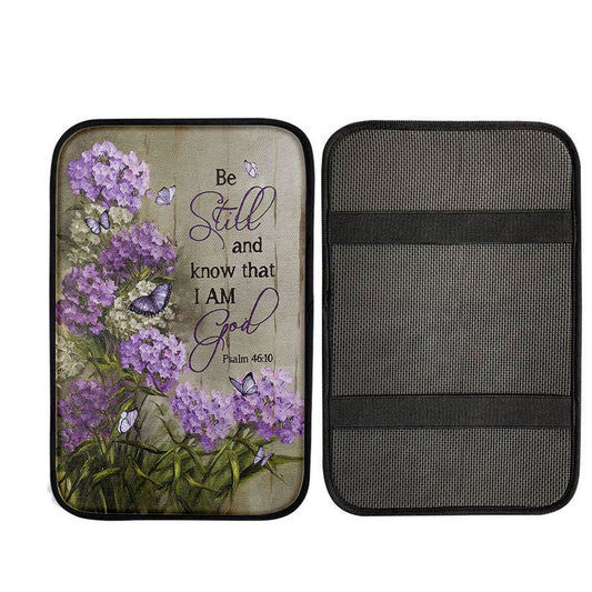Be Still And Know That I Am God Purple Hydrangea Butterfly Car Center Console Cover, Christian Auto Armrest Cover