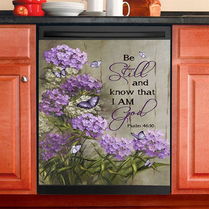 Be Still And Know That I Am God Purple Hydrangea Butterfly Dishwasher Cover, Bible Verse Dishwasher Magnet Cover, Christian Kitchen Decor