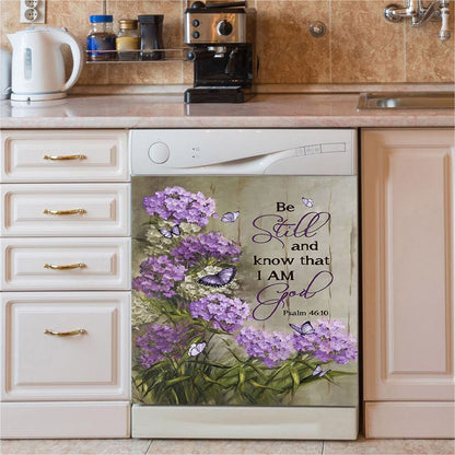 Be Still And Know That I Am God Purple Hydrangea Butterfly Dishwasher Cover, Bible Verse Dishwasher Magnet Cover, Christian Kitchen Decor