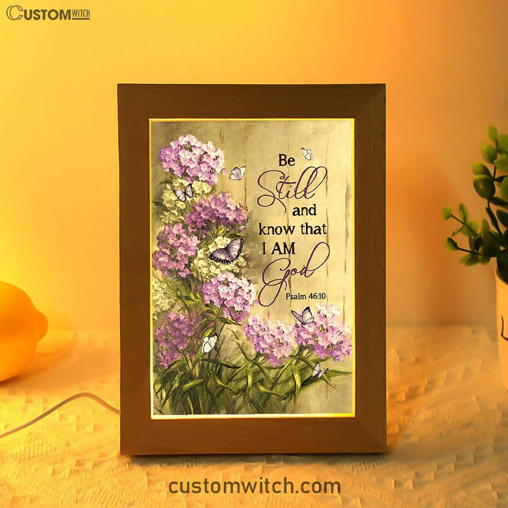 Be Still And Know That I Am God Purple Hydrangea Butterfly Frame Lamp Art - Bible Verse Art - Christian Inspirational Decor