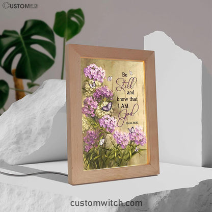Be Still And Know That I Am God Purple Hydrangea Butterfly Frame Lamp Art - Bible Verse Art - Christian Inspirational Decor