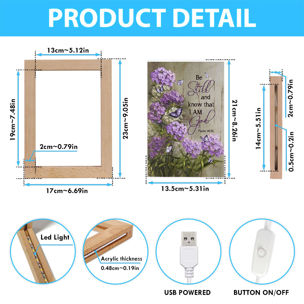 Be Still And Know That I Am God Purple Hydrangea Butterfly Frame Lamp Art - Bible Verse Art - Christian Inspirational Decor