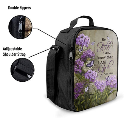 Be Still And Know That I Am God Purple Hydrangea Butterfly Lunch Bag, Christian Lunch Bag For School, Picnic, Religious Lunch Bag
