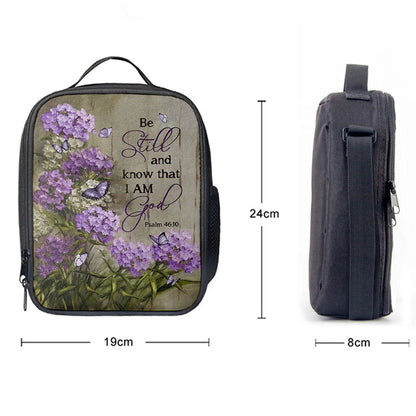 Be Still And Know That I Am God Purple Hydrangea Butterfly Lunch Bag, Christian Lunch Bag For School, Picnic, Religious Lunch Bag