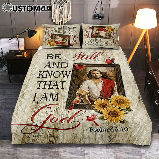 Be Still And Know That I Am God Quilt Bedding Set - Jesus Red Cardinal Sunflower Quilt Bedding Set - Christian Bedroom - Religious Home Decor