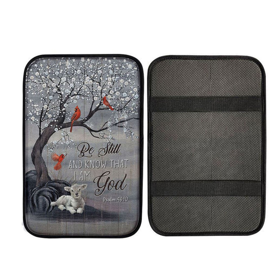 Be Still And Know That I Am God Red Cardinal White Lamb Car Center Console Cover, Christian Auto Armrest Cover