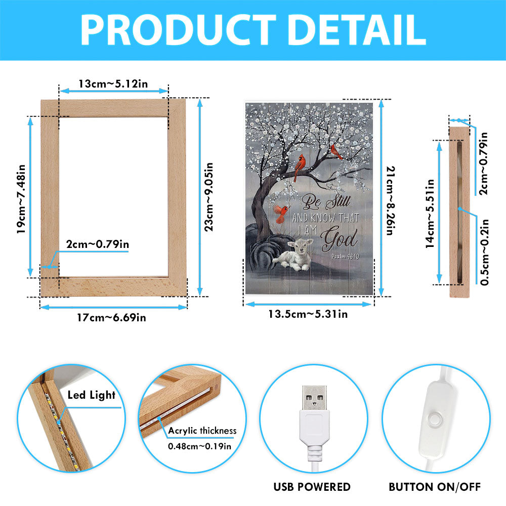 Be Still And Know That I Am God Red Cardinal White Lamb Frame Lamp Art - Bible Verse Art - Christian Inspirational Decor