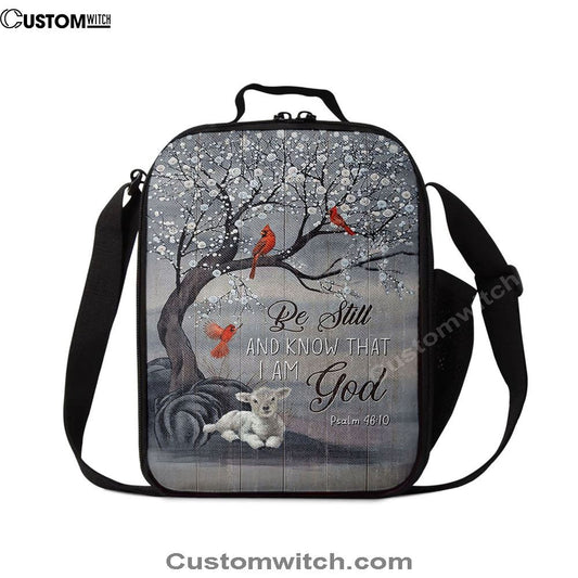 Be Still And Know That I Am God Red Cardinal White Lamb Lunch Bag, Christian Lunch Bag For School, Picnic, Religious Lunch Bag