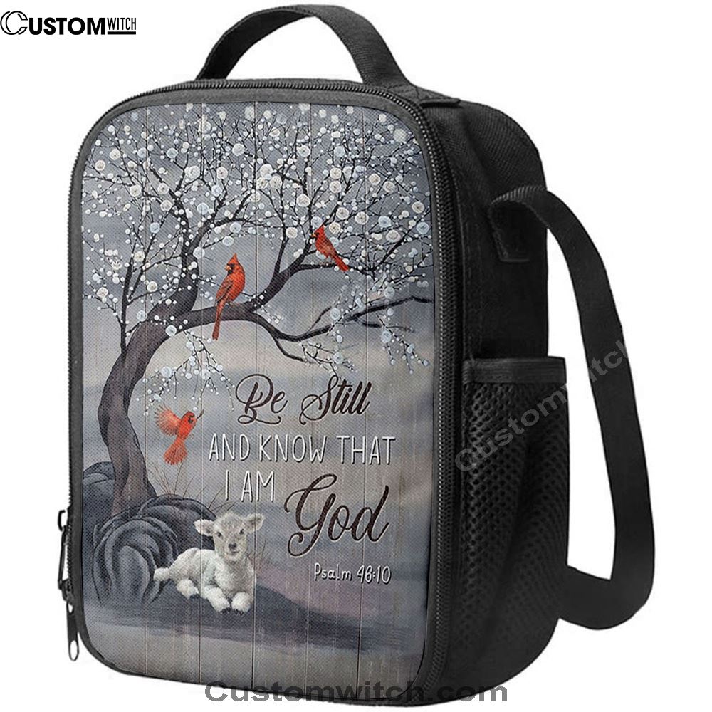 Be Still And Know That I Am God Red Cardinal White Lamb Lunch Bag, Christian Lunch Bag For School, Picnic, Religious Lunch Bag