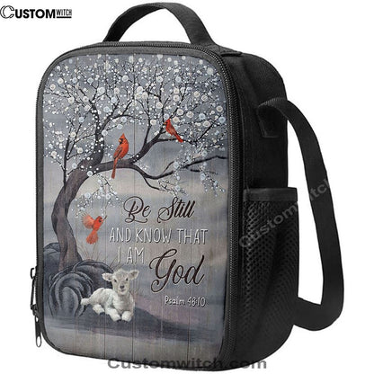 Be Still And Know That I Am God Red Cardinal White Lamb Lunch Bag, Christian Lunch Bag For School, Picnic, Religious Lunch Bag