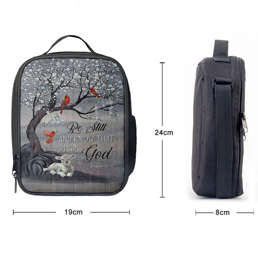 Be Still And Know That I Am God Red Cardinal White Lamb Lunch Bag, Christian Lunch Bag For School, Picnic, Religious Lunch Bag