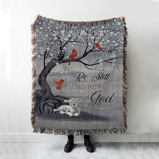 Be Still And Know That I Am God Red Cardinal White Lamb Woven Blanket Art - Bible Verse Throw Blanket - Christian Inspirational Boho Blanket