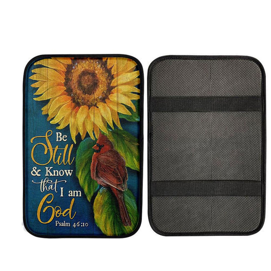 Be Still And Know That I Am God Sunflower Cardinal Car Center Console Cover, Christian Auto Armrest Cover