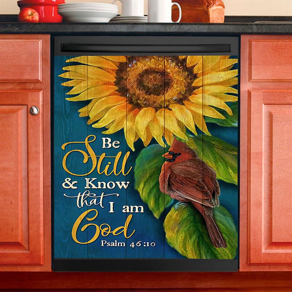 Be Still And Know That I Am God Sunflower Cardinal Dishwasher Cover, Bible Verse Dishwasher Magnet Cover, Christian Inspirational Kitchen Decor
