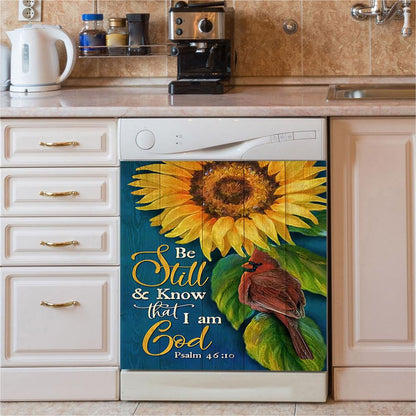 Be Still And Know That I Am God Sunflower Cardinal Dishwasher Cover, Bible Verse Dishwasher Magnet Cover, Christian Inspirational Kitchen Decor