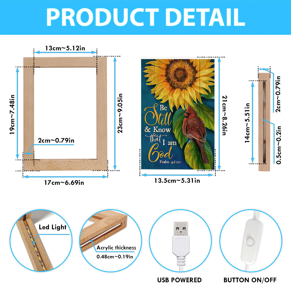 Be Still And Know That I Am God Sunflower Cardinal Frame Lamp Art - Bible Verse Art - Christian Inspirational Decor