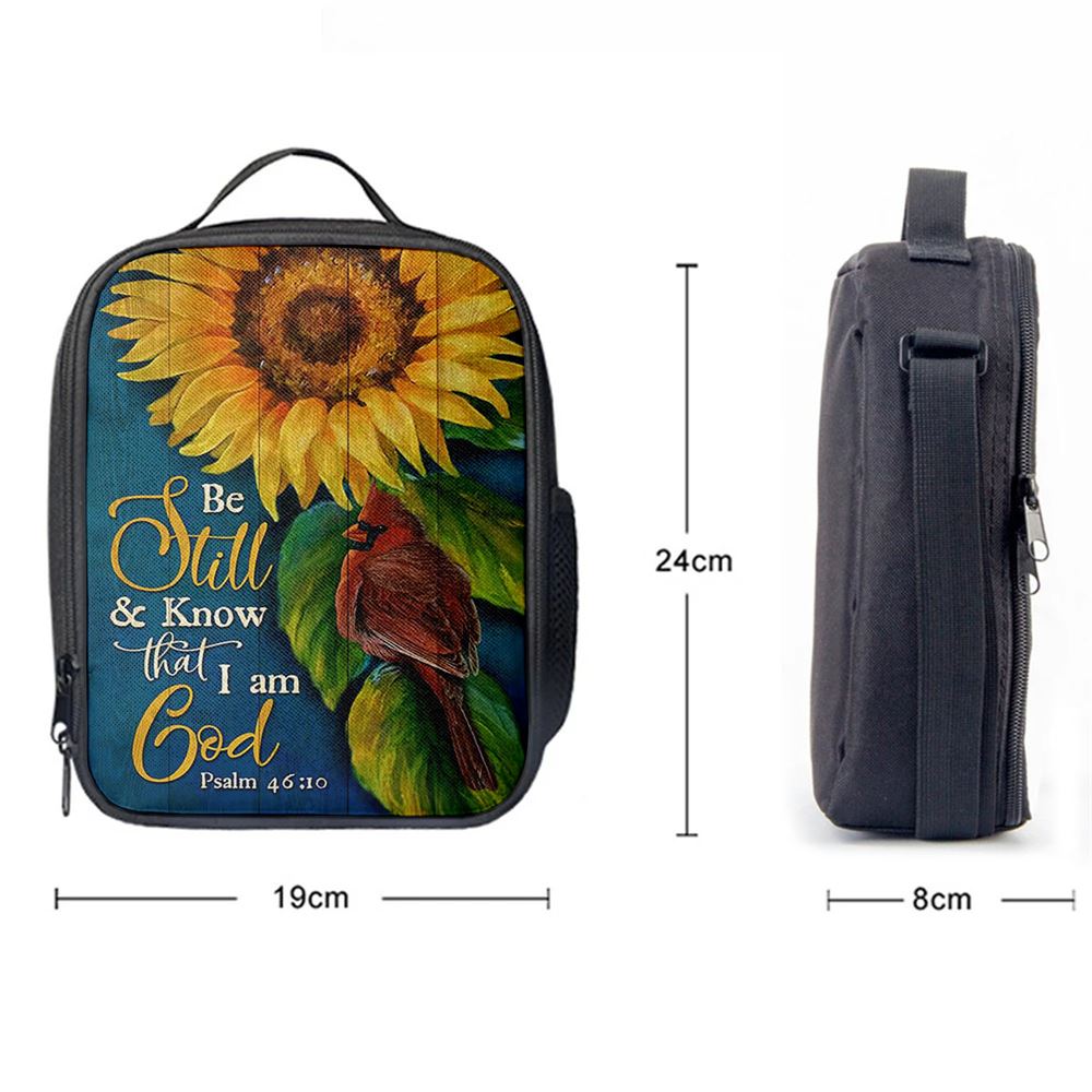 Be Still And Know That I Am God Sunflower Cardinal Lunch Bag, Christian Lunch Bag For School, Picnic, Religious Lunch Bag