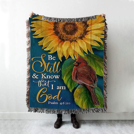 Be Still And Know That I Am God Sunflower Cardinal Woven Blanket Art - Bible Verse Throw Blanket - Christian Inspirational Boho Blanket