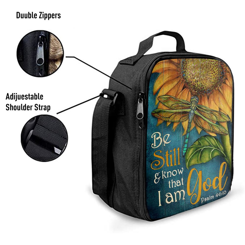 Be Still And Know That I Am God Sunflower Dragonfly Lunch Bag, Christian Lunch Bag For School, Picnic, Religious Lunch Bag
