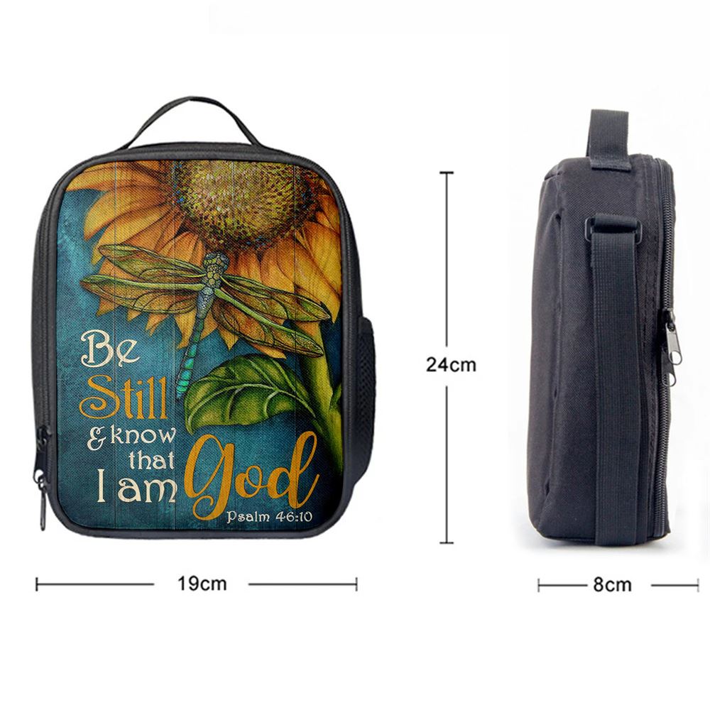 Be Still And Know That I Am God Sunflower Dragonfly Lunch Bag, Christian Lunch Bag For School, Picnic, Religious Lunch Bag