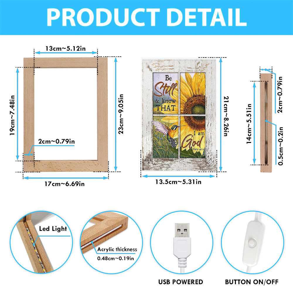 Be Still And Know That I Am God Sunflower Hummingbird Frame Lamp Art - Christian Night Light - Bible Verse Wooden Lamp