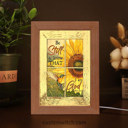 Be Still And Know That I Am God Sunflower Hummingbird Frame Lamp Art - Christian Night Light - Bible Verse Wooden Lamp