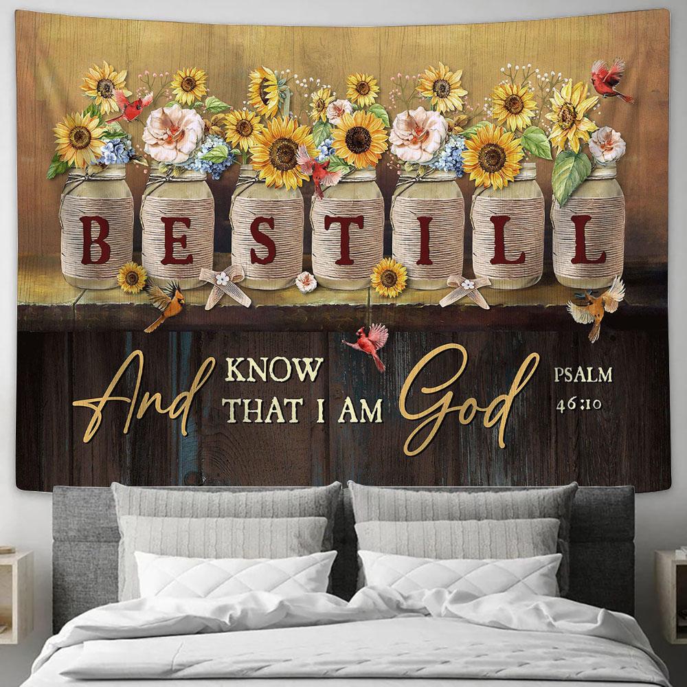 Be Still And Know That I Am God Sunflower Jars Red Cardinal Tapestry Wall Art - Bible Verse Tapestry - Religious Tapestry Wall Hanging