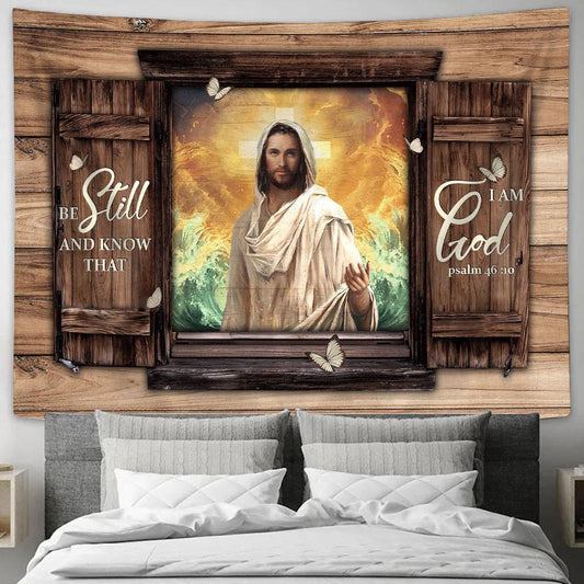 Be Still And Know That I Am God Tapestry - Jesus Hand Ocean Large Tapestry - Christian Wall Art - Bible Verse Tapestry Art