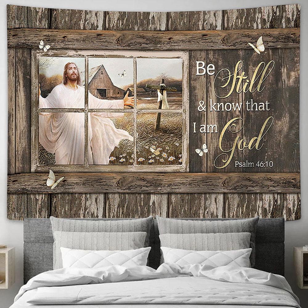 Be Still And Know That I Am God Tapestry - Jesus Wooden Cross White Butterfly Large Tapestry - Christian Wall Art - Bible Verse Tapestry Art