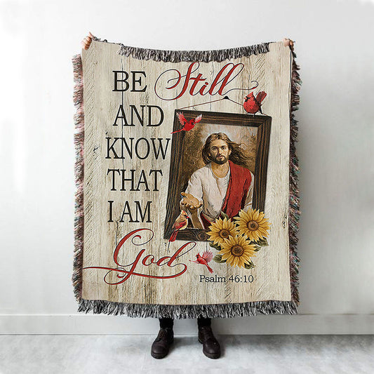 Be Still And Know That I Am God Woven Blanket - Jesus Red Cardinal Sunflower Woven Blanket - Christian Throw Blanket - Religious Home Decor
