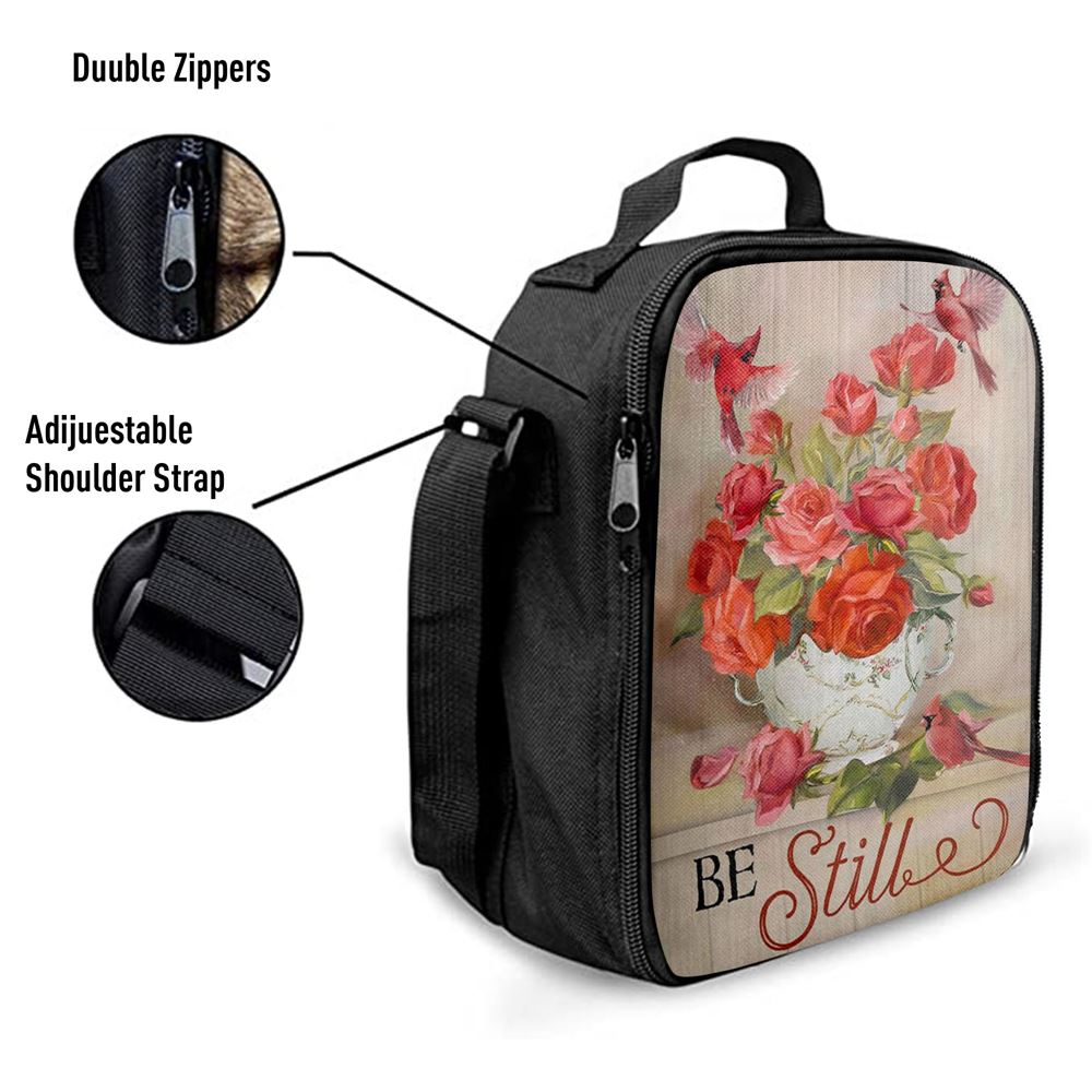 Be Still Cardinals Flowers Christian Lunch Bag, Christian Lunch Bag For School, Picnic, Religious Lunch Bag