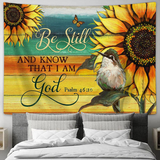 Be Still I Am God Baby Hummingbird Giant Sunflower Tapestry Wall Art - Bible Verse Tapestry - Religious Tapestry Wall Hanging