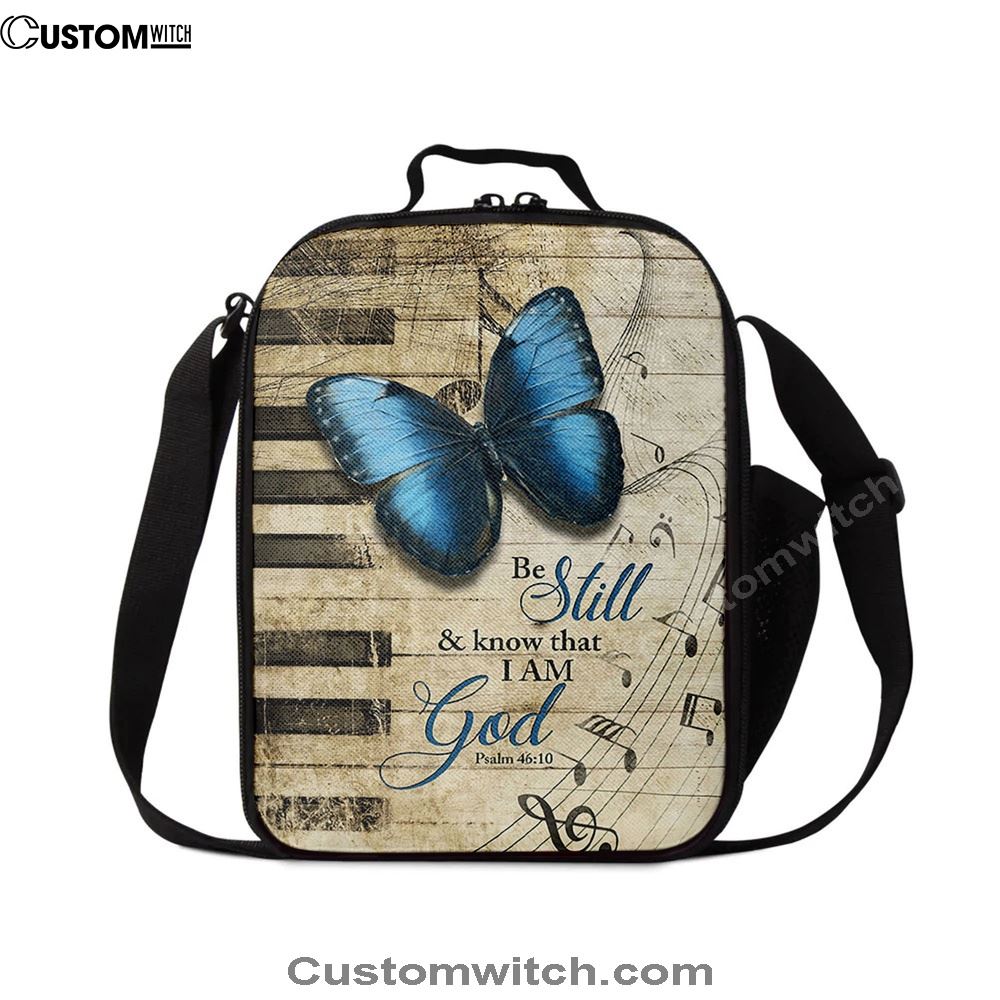 Be Still I Am God Blue Butterfly Piano Keys Lunch Bag, Christian Lunch Bag For School, Picnic, Religious Lunch Bag