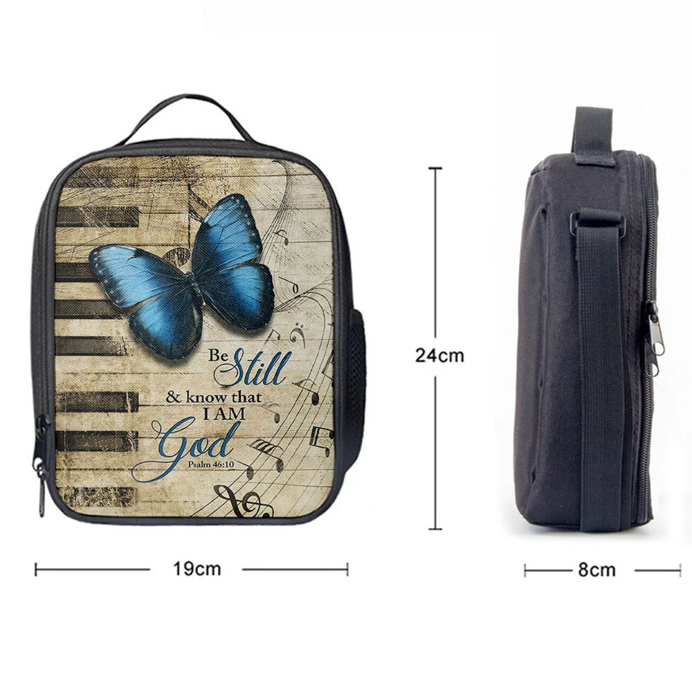 Be Still I Am God Blue Butterfly Piano Keys Lunch Bag, Christian Lunch Bag For School, Picnic, Religious Lunch Bag